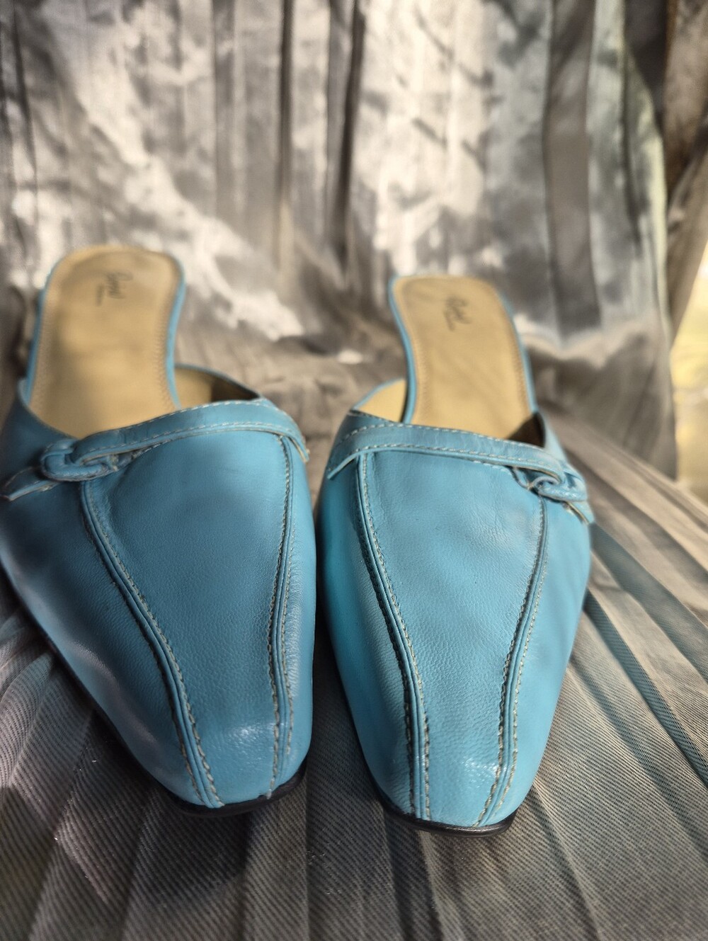Preview International Women's Light Blue Leather Kitten Heel Mules - Picture 8 of 9